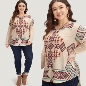 CHARMING CHARLIE • Apricot Boho Aztec Print Curved Hem Top